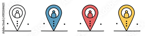 Four colorful location pin icons with user avatars for navigation and social mapping apps