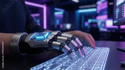 Futuristic Robotic Hand Typing on Backlit Keyboard in Tech-Focused Workspace