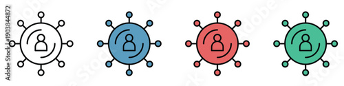 Four interconnected network nodes with icons for global communication and team collaboration in vibrant colors