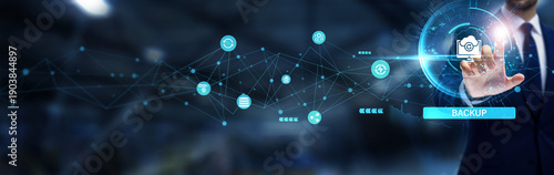 Backup, Businessman hand touching the global networking and secure data backup solutions that protect critical information, ensure disaster recovery, and maintain operational continuity