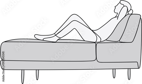 Minimalist line art illustration of a person relaxing on a modern sofa, practicing mindfulness, lounging at home, and enjoying comfort