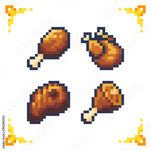 A set of pixel art meat icons: roasted chicken leg, whole bird, and steak. Ideal for RPG food inventory, survival health recovery items, and cooking mechanics.