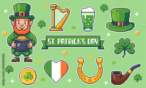 A set of pixel art St. Patrick's Day stickers: leprechaun, shamrock, beer, and harp. Ideal for holiday game events, UI badges, and social media design elements.