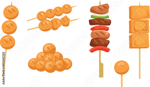 Grilled Skewers and Street Food Kebab Collection Flat Vector Illustration Set Isolated on White Background