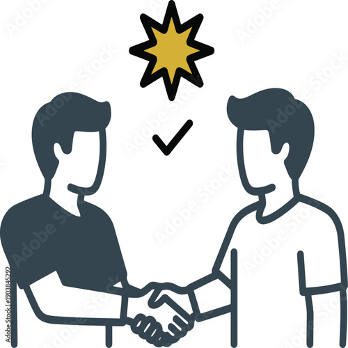 Two individuals shaking hands with a starburst symbolizing success or agreement. Vector