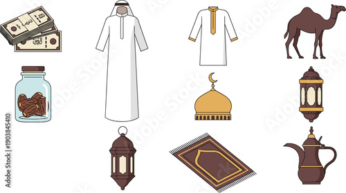 Middle Eastern Culture and Islamic Elements Collection Flat Vector Illustration Set Isolated on White Background
