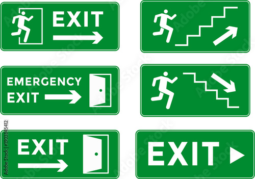 Collection of Green Emergency Exit Safety Signs and Symbols