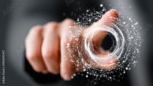 A person's index finger pointing, surrounded by swirling white particles and a glowing circle