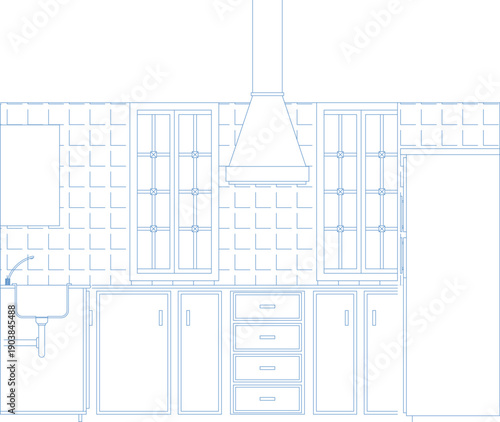 Technical blue line vector illustration of a kitchen elevation, featuring cabinets, a sink, range hood, and tiled backsplash for interior design