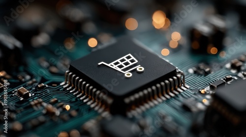 A close-up view of a computer chip with a shopping cart icon on it, situated on a circuit board with various components and blurred lights in the background