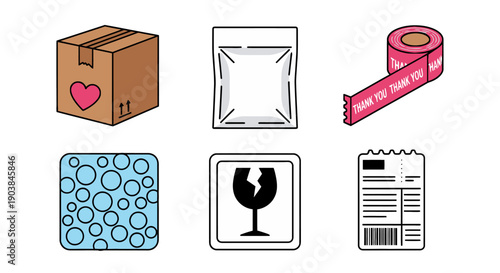 Collection of shipping icons including a package with a heart, gift box, ribbon, bubble wrap, wine glass, and receipt, representing e-commerce and delivery