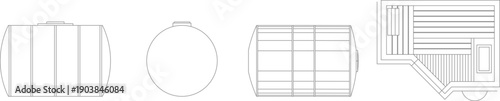 Technical vector illustration of cylindrical water tanks and a sauna room floor plan from top and side views, featuring minimalist outlines.