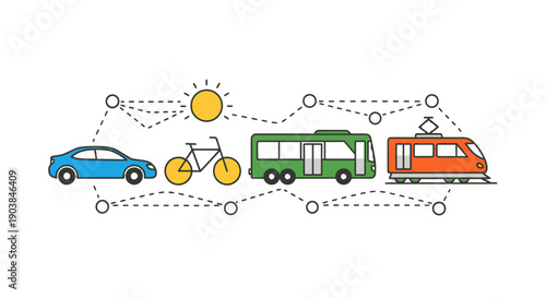 Sustainable Transportation Modes Car Bus Train Bicycle.
