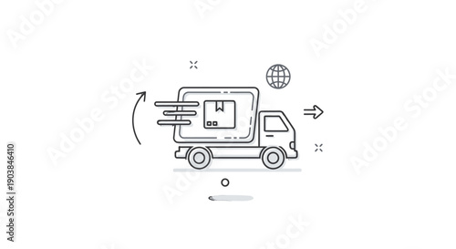 Simple line drawing of a delivery truck with icons and arrows.
