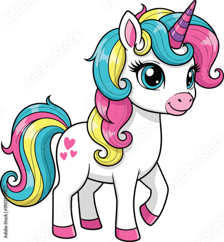Cartoon illustration of whimsical unicorn with white body, colorful mane and tail, spiraled horn, pink hooves, blue eyes, fantasy animal character artwork for children’s magical design