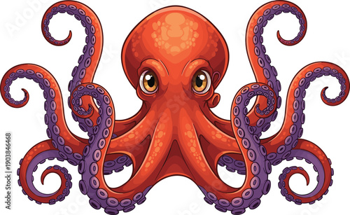 Cartoon illustration of vibrant red octopus with curling tentacles, purple suction cups, expressive eyes, dynamic marine animal character artwork for children’s educational ocean and wildlife design