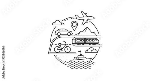 Travel and transportation modes illustration with various vehicles and landscapes.