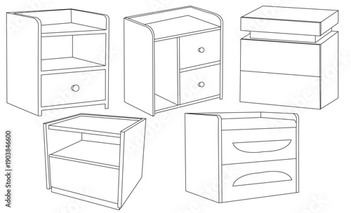 Set of Bedside Table Outline side view design for Architectural and Graphic Design