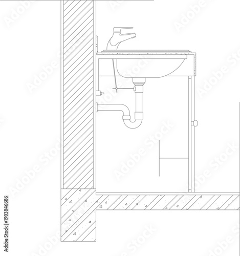 Technical architectural section drawing of a bathroom sink vanity, showing the basin, faucet, plumbing trap, and wall-floor structural details.