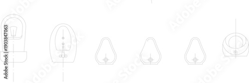 Technical vector illustration of diverse urinal designs and a squat toilet from a top view, featuring minimalist outlines for public restrooms.
