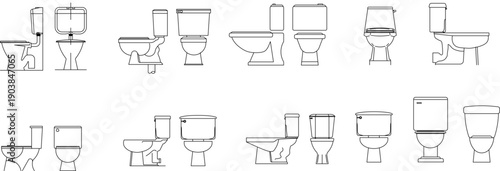 Technical vector illustration of diverse toilet elevations from front and side views, featuring various tank designs and plumbing profiles