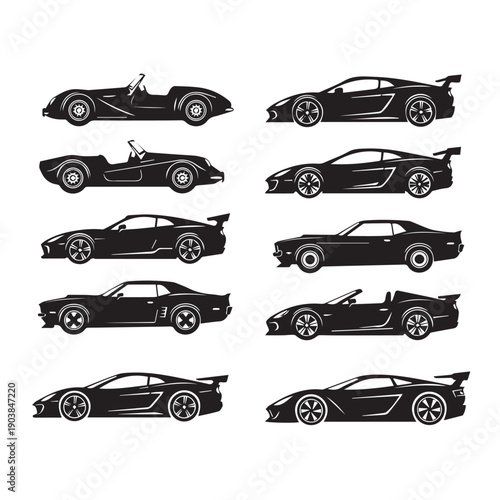 Collection of Sports Car Silhouettes, Convertible and Coupe Designs, Automotive Vector Art