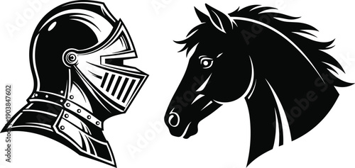 Knight helmet illustration, medieval horse head vector, black and white chivalry artwork, battle companion design, historical armor drawing, noble steed silhouette, warrior symbol
