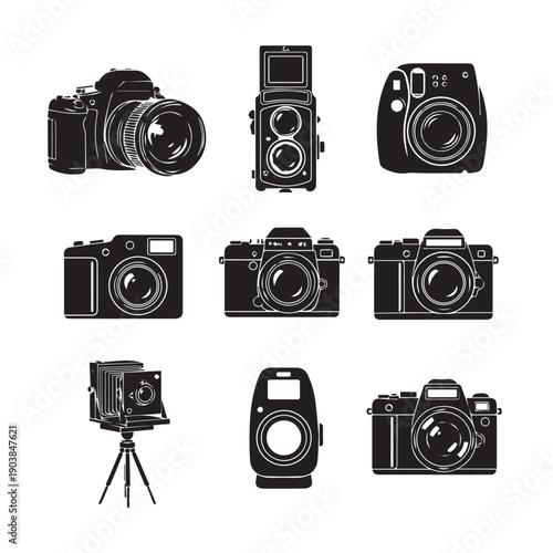 Collection of Vintage and Modern Cameras Silhouette Vector Illustration