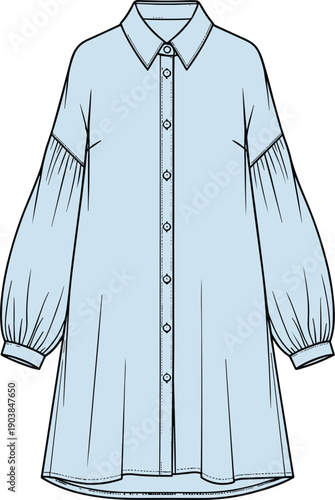 Long sleeve shirt dress fashion sketch, bishop sleeve technical drawing, flat vector illustration, garment design template, CAD apparel artwork