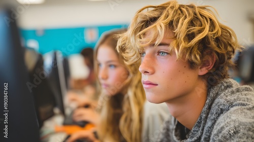 Wallpaper Mural A boy and a girl are sitting in front of a computer Torontodigital.ca