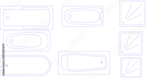 Technical vector illustration of minimalist bathtub and shower tray designs from a top view, featuring clean blue outlines for floor planning.