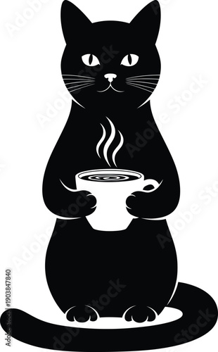 Black cat silhouette sitting and holding a steaming hot cup of coffee or tea with both paws isolated on white background vector illustration for cafe.