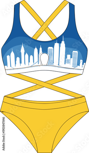 Stylish swimsuit fashion vector, bikini design illustration, city skyline swimwear, crisscross strap swim set, modern beachwear, cad drawing flat vector illustration