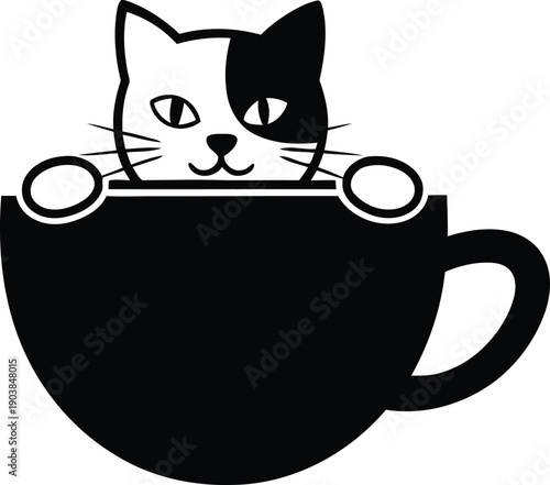 Cute black and white cat peeking out of a coffee cup mug silhouette vector illustration isolated on white background for cafe and pet lover design.