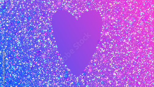 Glitter Confetti In Heart Shape. Neon Shiny Sparkles For Carnaval And Party. Blue Valentine And Wedding Background. Rainbow Brilliant Light.  Pink Glitter Confetti For Love Concept