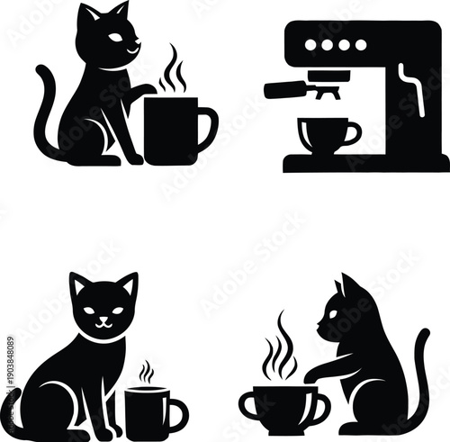 Cat coffee icon set featuring black silhouettes of kittens sitting with steaming mugs and a coffee machine isolated on white background vector art.