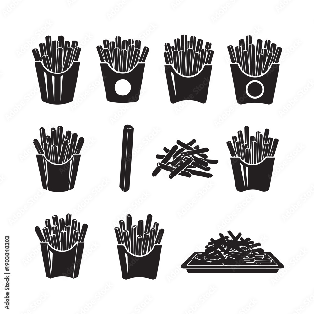 Fototapeta premium French Fries Icons Set: Various Styles and Presentations, Vector Graphics