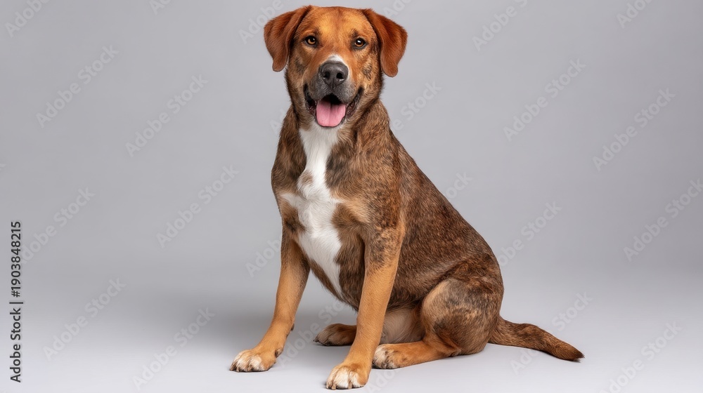 Obraz premium Happy and Playful Brown Dog Sitting on a Gray Background with an Energetic Expression and Relaxed Posture in a Studio Setting