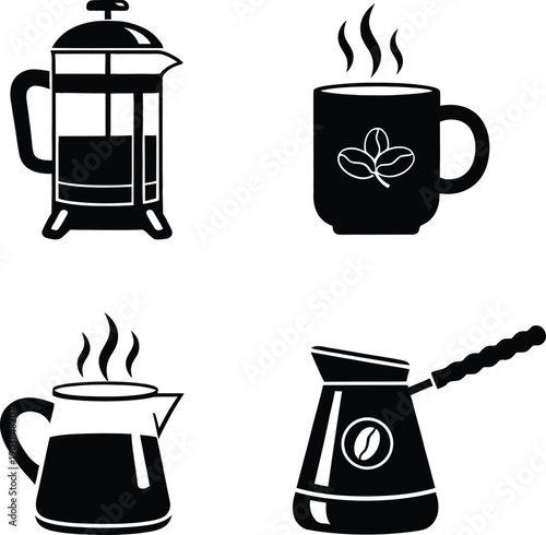Coffee brewing icons set with french press plunger steaming mug and turkish cezve pot black silhouette vector illustration isolated on white background.
