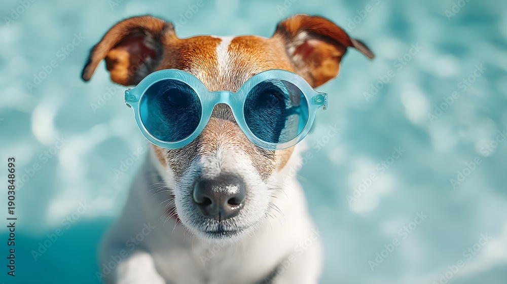Fototapeta premium A dog wearing sunglasses is in a pool