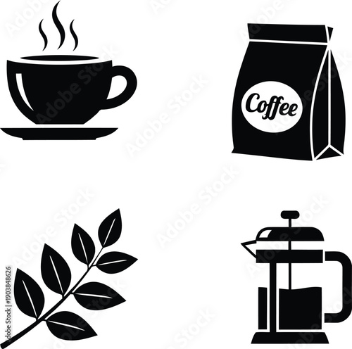 Coffee brewing set featuring steaming cup of espresso coffee bag french press and coffee leaf black silhouette vector icons isolated on white background.