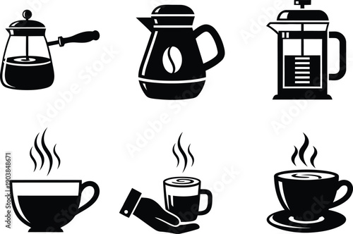 Coffee brewing icons set with french press moka pot cezve turkish coffee and steaming cups black silhouette vector illustrations isolated on white.