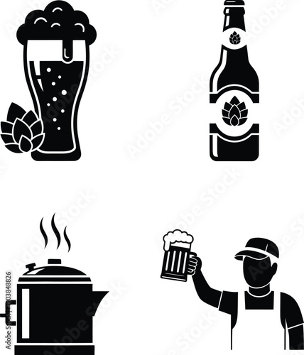Brewery icon set featuring beer glass bottle hop cone brewing kettle and bartender with mug black silhouette vector illustration isolated on white.