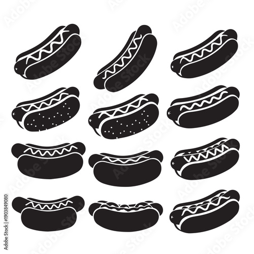 Hot Dog Icons Set, Various Styles, Black and White, Stock Media