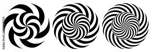 Psychedelic spiral vortex black and white vector set.