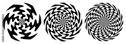 Radial waves fluid, spiral vortex black and white vector set.