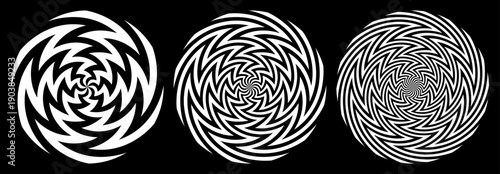 Abstract sharp shapes, spiral vortex black and white vector set.
