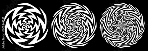 Sharp lines psychedelic swirl, spiral vortex black and white vector set.