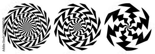 Psychedelic spiral vortex black and white vector set.