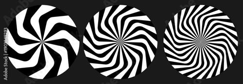 Spiral radial vortex black and white vector set.